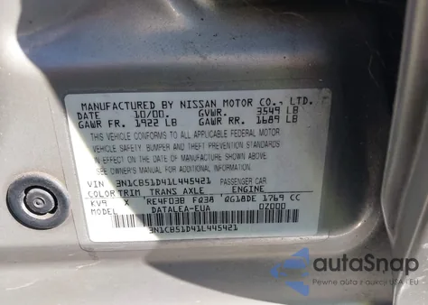 2001 Nissan Sentra Gxe z USA, uszkodzony, nr VIN 3N1CB51D41L445421